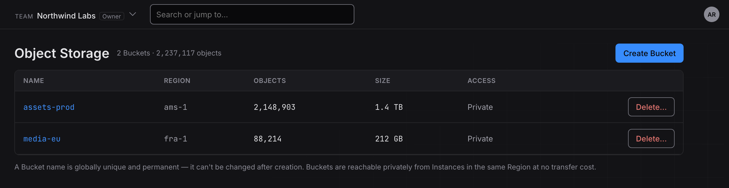 S3-compatible object storage, clustered across nodes. Triton Cloud object storage view listing buckets